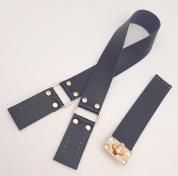 Angel Çanta Aksesuar 70x4 cm Suni Deri Çanta Saplı Kapaklı Lacivert Çanta Seti Light Gold Metalli - 2