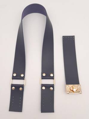 Angel Çanta Aksesuar 70x4 cm Suni Deri Çanta Saplı Kapaklı Lacivert Çanta Seti Light Gold Metalli - 3