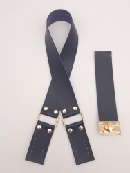 Angel Çanta Aksesuar 70x4 cm Suni Deri Çanta Saplı Kapaklı Lacivert Çanta Seti Light Gold Metalli - Angel Çanta Aksesuar