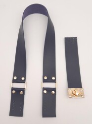 Angel Çanta Aksesuar 70x4 cm Suni Deri Çanta Saplı Kapaklı Lacivert Çanta Seti Light Gold Metalli - 3