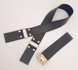 Angel Çanta Aksesuar 70x4 cm Suni Deri Çanta Saplı Kapaklı Siyah Çanta Seti Light Gold Metalli - 2