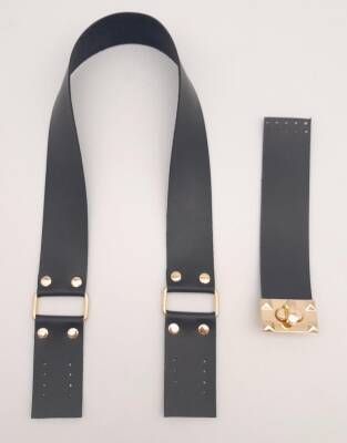 Angel Çanta Aksesuar 70x4 cm Suni Deri Çanta Saplı Kapaklı Siyah Çanta Seti Light Gold Metalli - 3