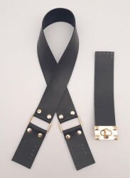 Angel Çanta Aksesuar 70x4 cm Suni Deri Çanta Saplı Kapaklı Siyah Çanta Seti Light Gold Metalli - Angel Çanta Aksesuar