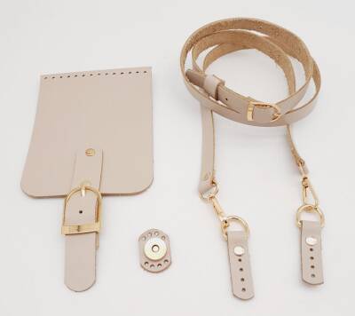 Angel Çanta Aksesuar Bej Gerçek Deri 130x1.5 cm Ayarlı Saplı Çanta Seti Light Gold Metalli - 2