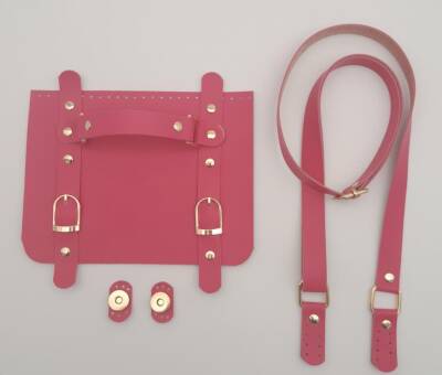 Angel Çanta Aksesuar Suni Deri Çift Tokalı Ayarlı Saplı Fuşya Renk Çanta Deri Seti Light Gold Metalli - 1