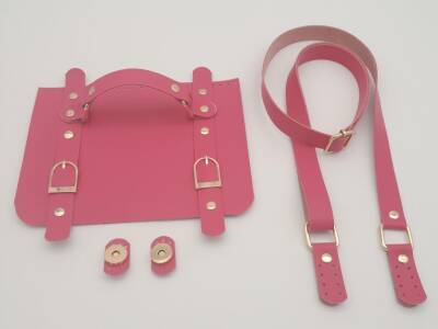 Angel Çanta Aksesuar Suni Deri Çift Tokalı Ayarlı Saplı Fuşya Renk Çanta Deri Seti Light Gold Metalli - 2