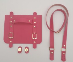 Angel Çanta Aksesuar Suni Deri Çift Tokalı Ayarlı Saplı Fuşya Renk Çanta Deri Seti Light Gold Metalli - Angel Çanta Aksesuar