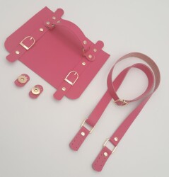Angel Çanta Aksesuar Suni Deri Çift Tokalı Ayarlı Saplı Fuşya Renk Çanta Deri Seti Light Gold Metalli - 3