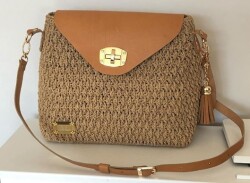 Angel Çanta Aksesuar Gerçek Deri Çanta Seti Püsküllü Açık Taba Gold Metal - Angel Çanta Aksesuar