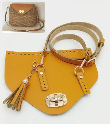 Angel Çanta Aksesuar Gerçek Deri Çanta Seti Püsküllü Hardal Gold Metalli - 1