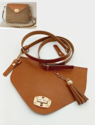 Angel Çanta Aksesuar Gerçek Deri Çanta Seti Püsküllü Taba Gold Metalli - Angel Çanta Aksesuar