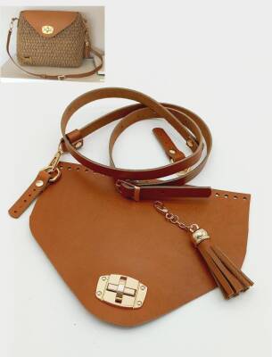 Angel Çanta Aksesuar Gerçek Deri Çanta Seti Püsküllü Taba Gold Metalli - 1