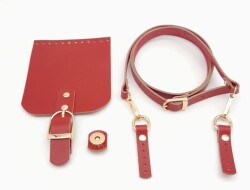 Angel Çanta Aksesuar Kırmızı Gerçek Deri 130x1.5 cm Ayarlı Saplı Çanta Seti Light Gold Metalli - 2