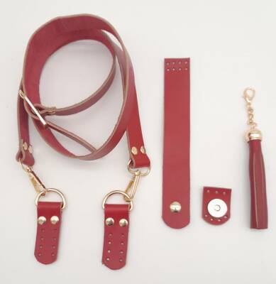 Angel Çanta Aksesuar Kırmızı Gerçek Deri 130x2.3 cm Ayarlı Saplı Püsküllü Çanta Seti Light Gold Metalli - 1