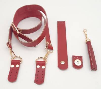 Angel Çanta Aksesuar Kırmızı Gerçek Deri 130x2.3 cm Ayarlı Saplı Püsküllü Çanta Seti Light Gold Metalli - 2