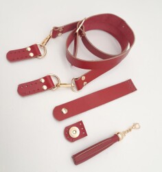 Angel Çanta Aksesuar Kırmızı Gerçek Deri 130x2.3 cm Ayarlı Saplı Püsküllü Çanta Seti Light Gold Metalli - 3
