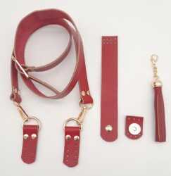 Angel Çanta Aksesuar Kırmızı Gerçek Deri 130x2.3 cm Ayarlı Saplı Püsküllü Çanta Seti Light Gold Metalli - Angel Çanta Aksesuar