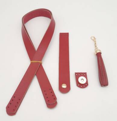 Angel Çanta Aksesuar Kırmızı Gerçek Deri 70x2.3 cm Çift Saplı Püsküllü Çanta Seti Light Gold Metalli - 2