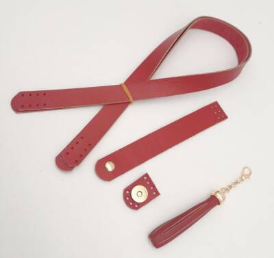 Angel Çanta Aksesuar Kırmızı Gerçek Deri 70x2.3 cm Çift Saplı Püsküllü Çanta Seti Light Gold Metalli - 3