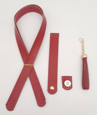 Angel Çanta Aksesuar Kırmızı Gerçek Deri 70x2.3 cm Çift Saplı Püsküllü Çanta Seti Light Gold Metalli - 1
