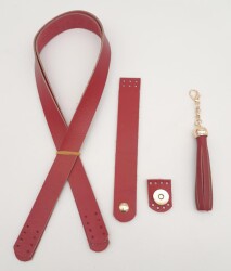 Angel Çanta Aksesuar Kırmızı Gerçek Deri 70x2.3 cm Çift Saplı Püsküllü Çanta Seti Light Gold Metalli - Angel Çanta Aksesuar