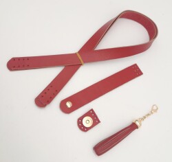 Angel Çanta Aksesuar Kırmızı Gerçek Deri 70x2.3 cm Çift Saplı Püsküllü Çanta Seti Light Gold Metalli - 3