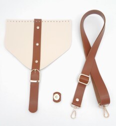 Angel Çanta Aksesuar Krem Renk Taba Şeritli Suni Deri Çanta Seti Light Gold Metalli - Angel Çanta Aksesuar