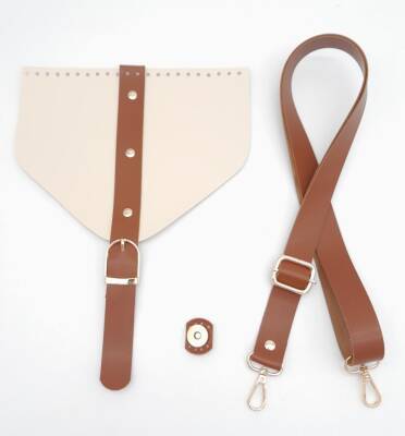 Angel Çanta Aksesuar Krem Renk Taba Şeritli Suni Deri Çanta Seti Light Gold Metalli - 1