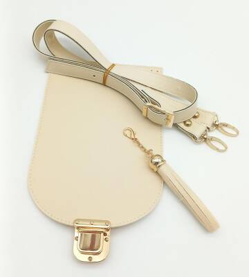 Angel Çanta Aksesuar Krem Suni Deri 120x2 cm Çanta Saplı Püsküllü Çanta Seti Light Gold Metalli - 1