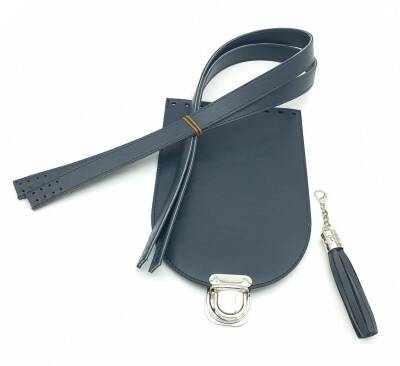 Angel Çanta Aksesuar Lacivert Suni Deri 80x2 cm Çift Saplı Püsküllü Çanta Seti Gümüş Metalli - 1