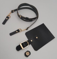 Angel Çanta Aksesuar Siyah Gerçek Deri 130x1.5 cm Ayarlı Saplı Çanta Seti Light Gold Metalli - 2