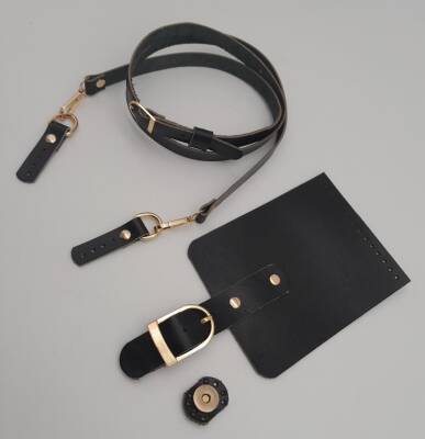 Angel Çanta Aksesuar Siyah Gerçek Deri 130x1.5 cm Ayarlı Saplı Çanta Seti Light Gold Metalli - 2