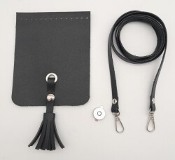 Angel Çanta Aksesuar Siyah Suni Deri Püskül Kapaklı Cep Telefonu Mini Bag Çanta Seti Gümüş Metal - Angel Çanta Aksesuar