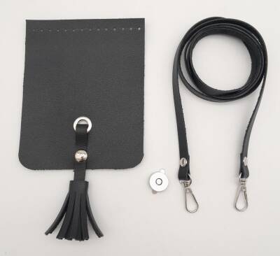 Angel Çanta Aksesuar Siyah Suni Deri Püskül Kapaklı Cep Telefonu Mini Bag Çanta Seti Gümüş Metal - 1