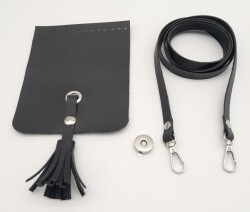 Angel Çanta Aksesuar Siyah Suni Deri Püskül Kapaklı Cep Telefonu Mini Bag Çanta Seti Gümüş Metal - 2