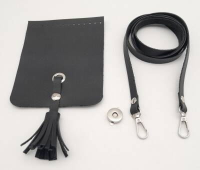 Angel Çanta Aksesuar Siyah Suni Deri Püskül Kapaklı Cep Telefonu Mini Bag Çanta Seti Gümüş Metal - 2