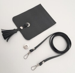 Angel Çanta Aksesuar Siyah Suni Deri Püskül Kapaklı Cep Telefonu Mini Bag Çanta Seti Gümüş Metal - 3