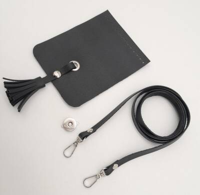 Angel Çanta Aksesuar Siyah Suni Deri Püskül Kapaklı Cep Telefonu Mini Bag Çanta Seti Gümüş Metal - 3