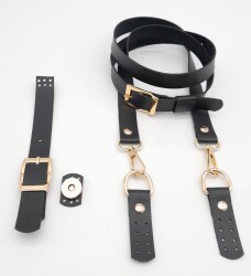 Angel Çanta Aksesuar Siyah Tek Kat Suni Deri Çanta Seti Light Gold Metalli - 2