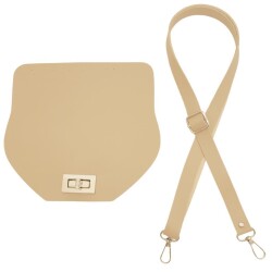 Angel Çanta Aksesuar Suni Deri 21x19 cm Kapaklı ve Ayarlı Saplı Çanta Seti Bej Renk Gümüş Metalli - Angel Çanta Aksesuar