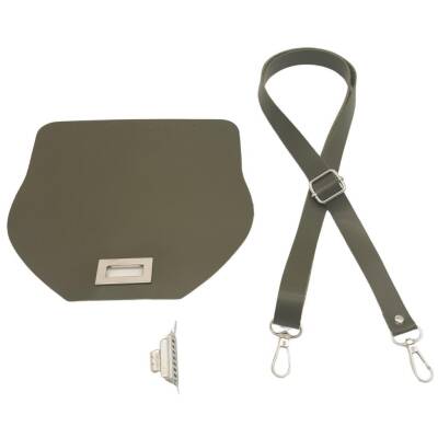 Angel Çanta Aksesuar Suni Deri 21x19 cm Kapaklı ve Ayarlı Saplı Çanta Seti Haki Renk Gümüş Metalli - 2