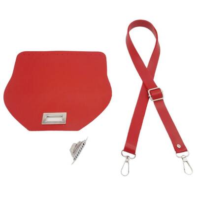 Angel Çanta Aksesuar Suni Deri 21x19 cm Kapaklı ve Ayarlı Saplı Çanta Seti Kırmızı Renk Gümüş Metalli - 2