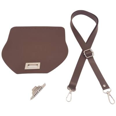 Angel Çanta Aksesuar Suni Deri 21x19 cm Kapaklı ve Ayarlı Saplı Çanta Seti Koyu Kahverengi Gümüş Metalli - 2