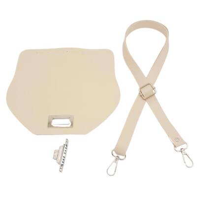 Angel Çanta Aksesuar Suni Deri 21x19 cm Kapaklı ve Ayarlı Saplı Çanta Seti Krem Renk Gümüş Metalli - 2