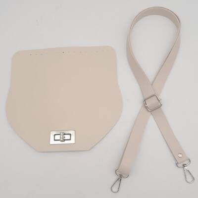 Angel Çanta Aksesuar Suni Deri 21x19 cm Kapaklı ve Ayarlı Saplı Çanta Seti Krem Renk Gümüş Metalli - 4