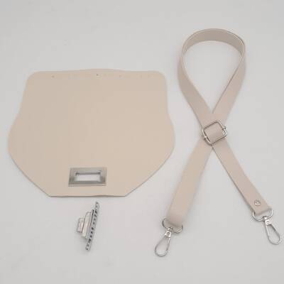 Angel Çanta Aksesuar Suni Deri 21x19 cm Kapaklı ve Ayarlı Saplı Çanta Seti Krem Renk Gümüş Metalli - 5