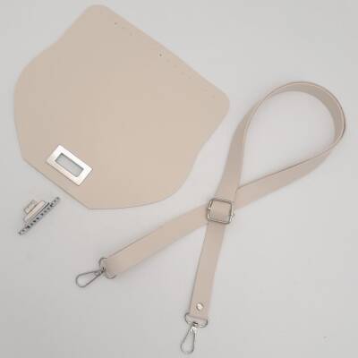 Angel Çanta Aksesuar Suni Deri 21x19 cm Kapaklı ve Ayarlı Saplı Çanta Seti Krem Renk Gümüş Metalli - 6