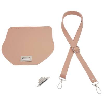 Angel Çanta Aksesuar Suni Deri 21x19 cm Kapaklı ve Ayarlı Saplı Çanta Seti Pudra Renk Gümüş Metalli - 2