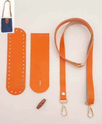 Angel Çanta Aksesuar Suni Deri Ahşap Düğmeli Mini Bag Cep Telefonu Seti Turuncu Renk Light Gold Metalli - 1