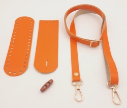 Angel Çanta Aksesuar Suni Deri Ahşap Düğmeli Mini Bag Cep Telefonu Seti Turuncu Renk Light Gold Metalli - 3